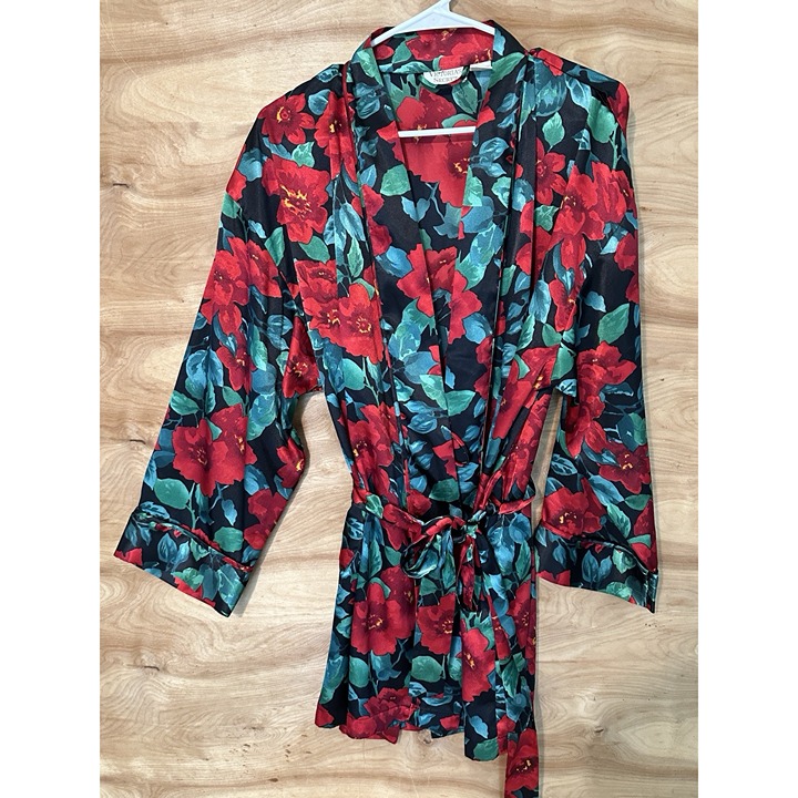 Vtg VICTORIA'S SECRET GOLD LABEL OS 3/4 Sleeve Belted Robe floral Pockets
