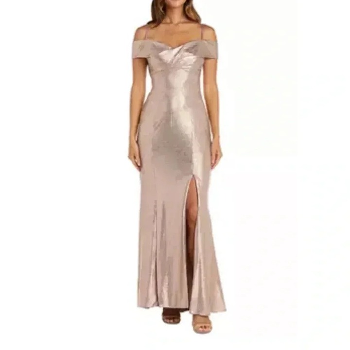 Nightway Women's Long Shimmer Off the Shoulder Dress Pink Metallic Gown Size 10
