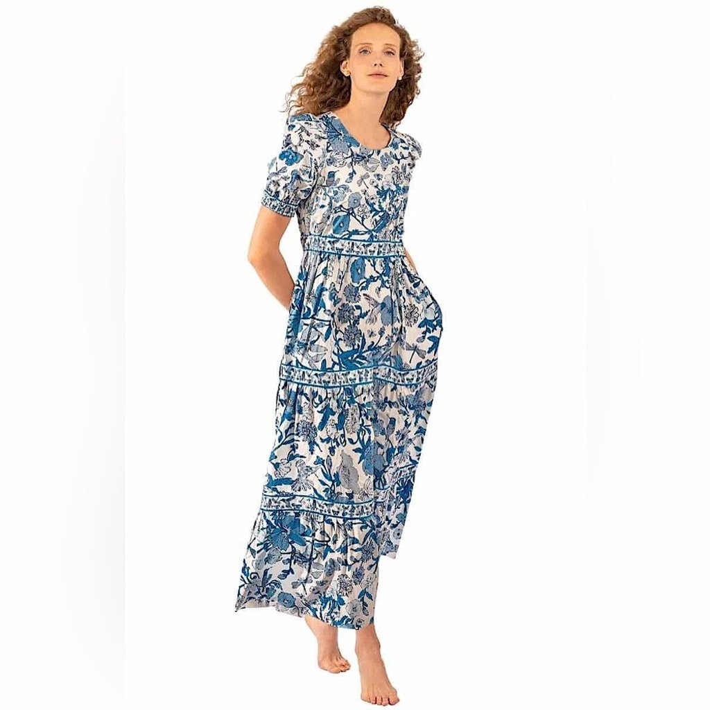 Gretchen Scott Blue Birds & Bees Frolic Maxi Dress Women’s Size Small