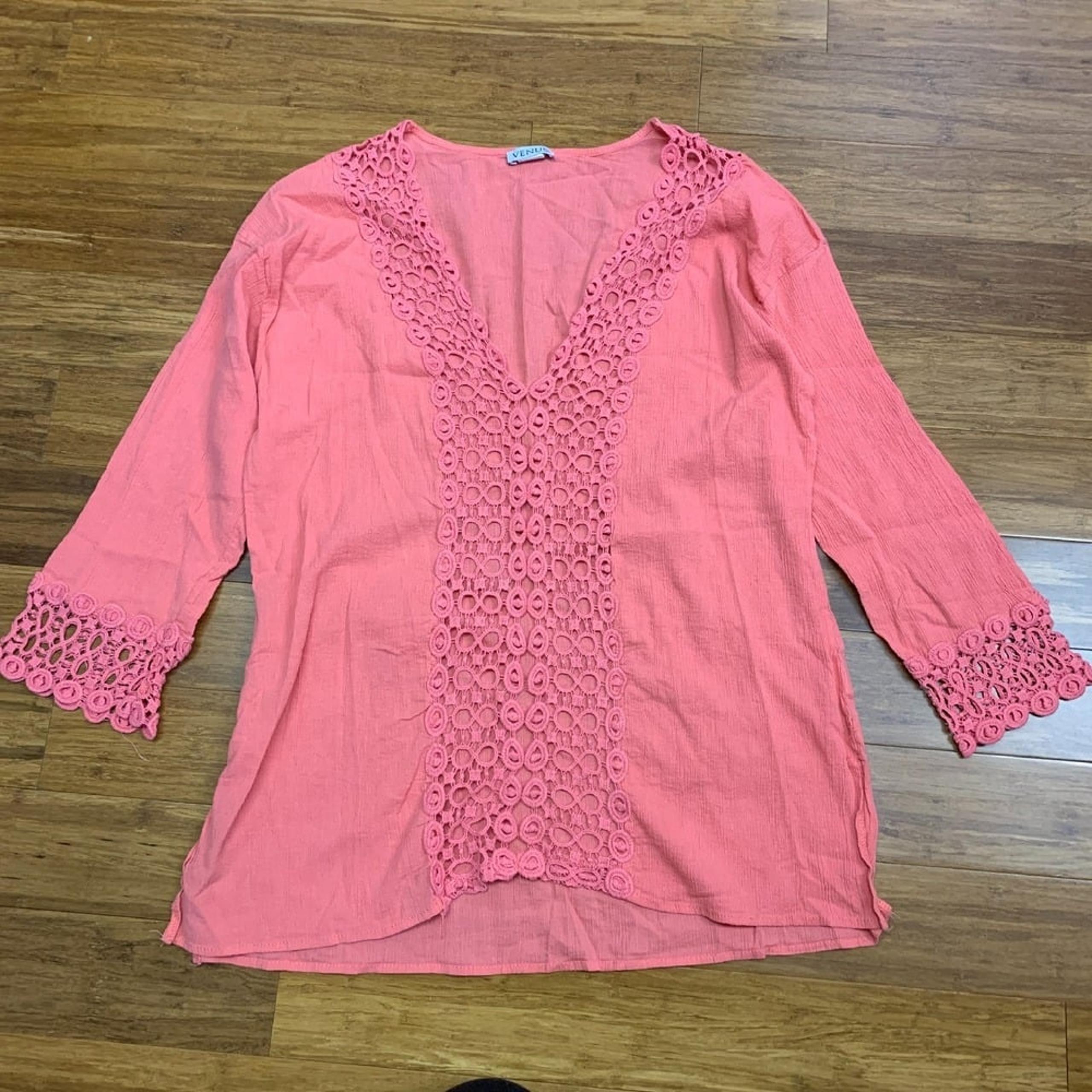 Venus Crochet Trim Cover Up Womens Size Large Pink Tunic Top 3/4 Sleeve Blouse