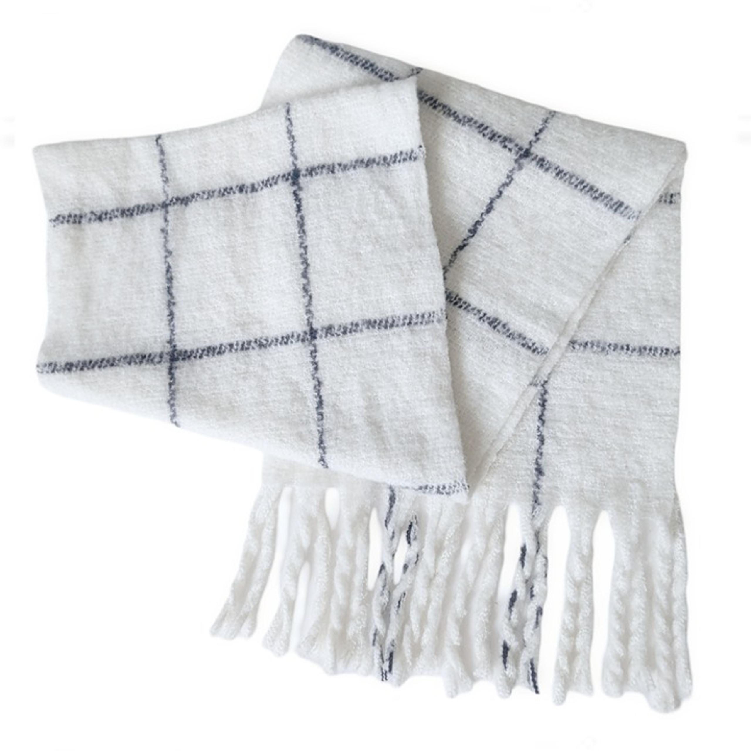 Oversized Windowpane Check Scarf in 100% Poly Fringe Shawl Knit
