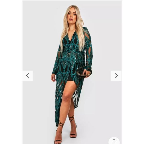 Boohoo Black & Green Embroidered Sequin Damask Plunge Asymmetrical Dress sz 22 N