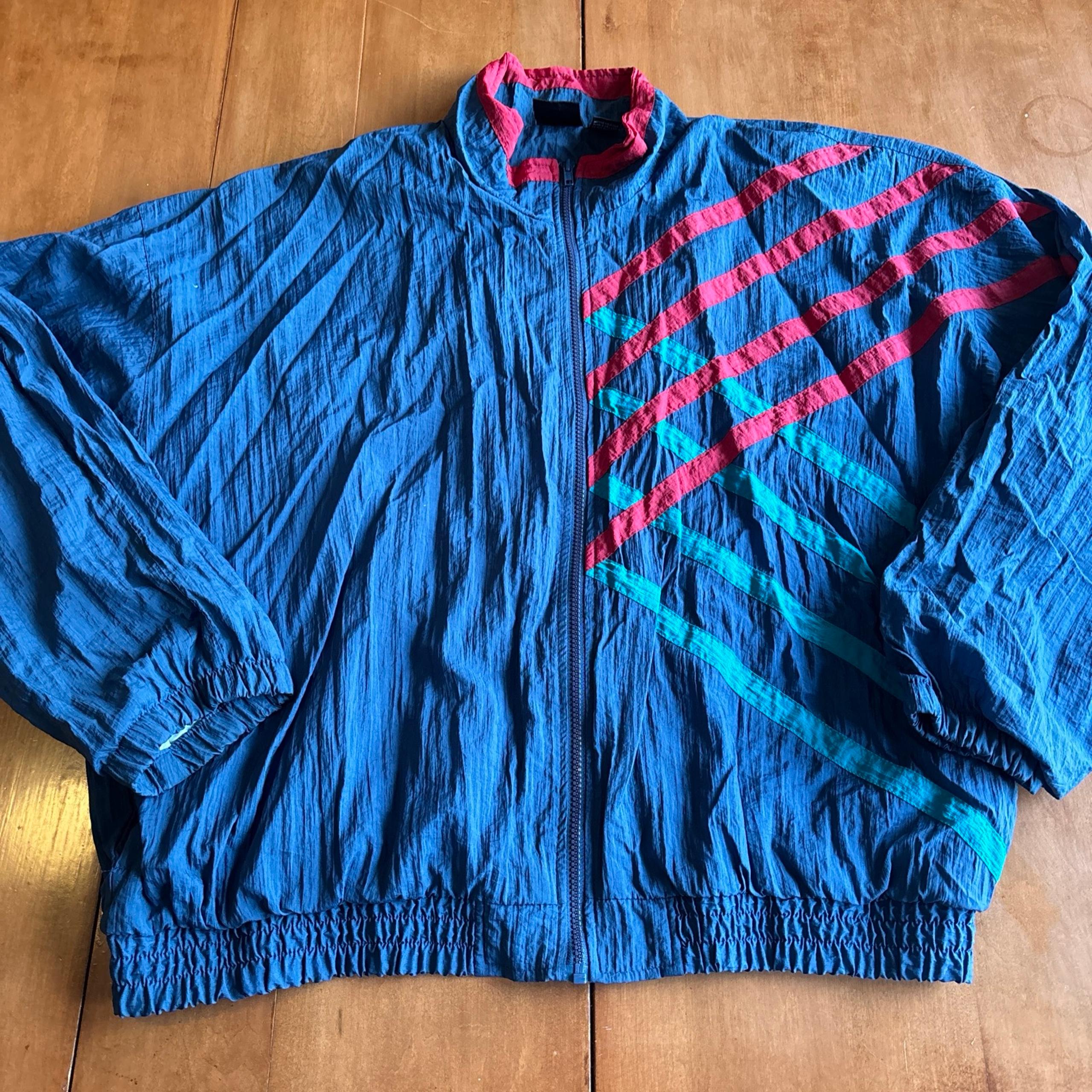 Vintage 90s Windbreaker Navy Striped Jacket Men’s 2XL Athletic Works 100% Nylon