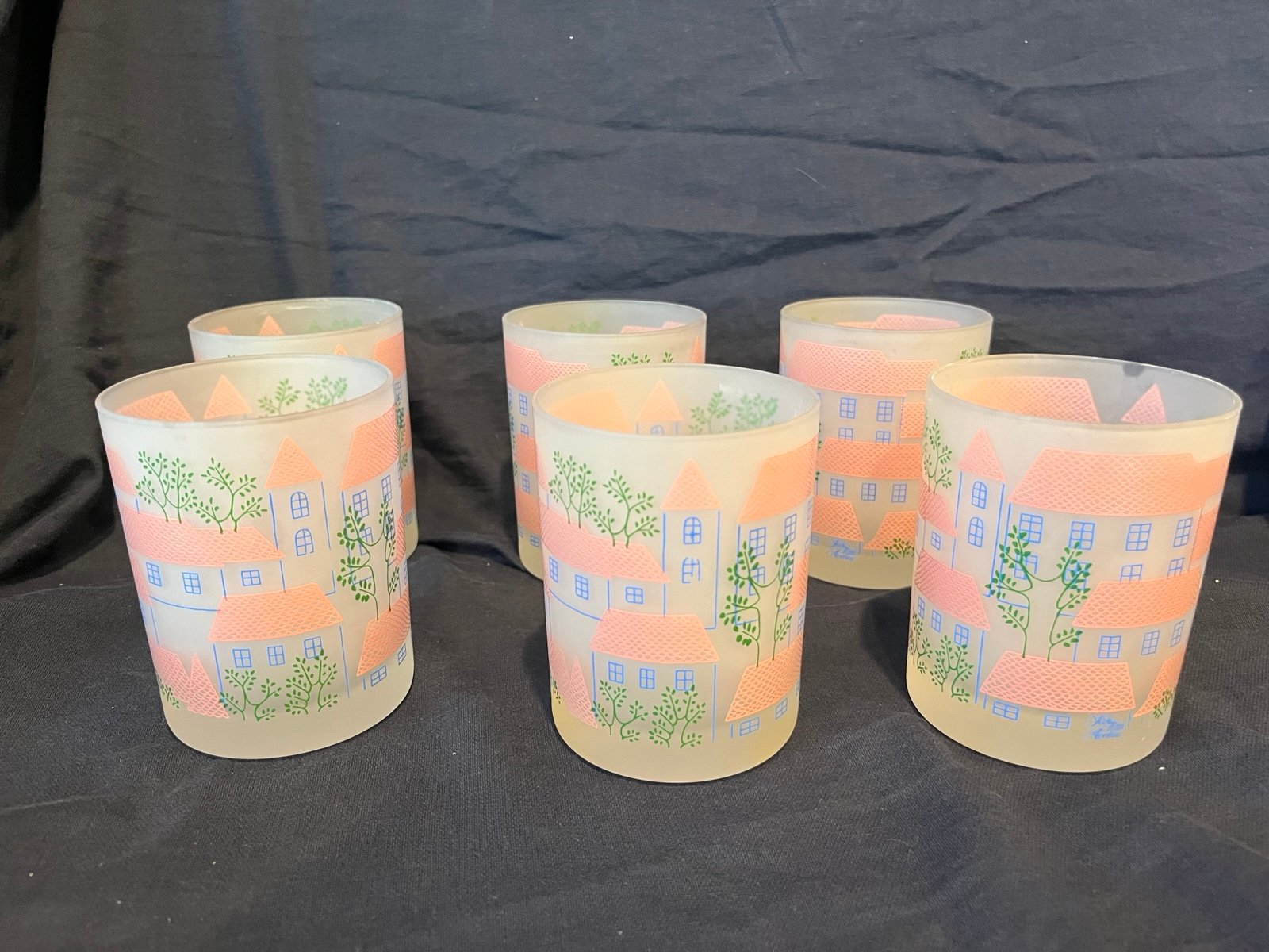 Vintage Saks Fifth Avenue Frosted Red Roof Blue House Cocktail Glasses Set of 6