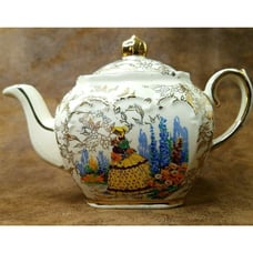 Vintage SADLER Mini Cube Teapot Crinoline Lady Cottage Garden Gold Trim 1930s