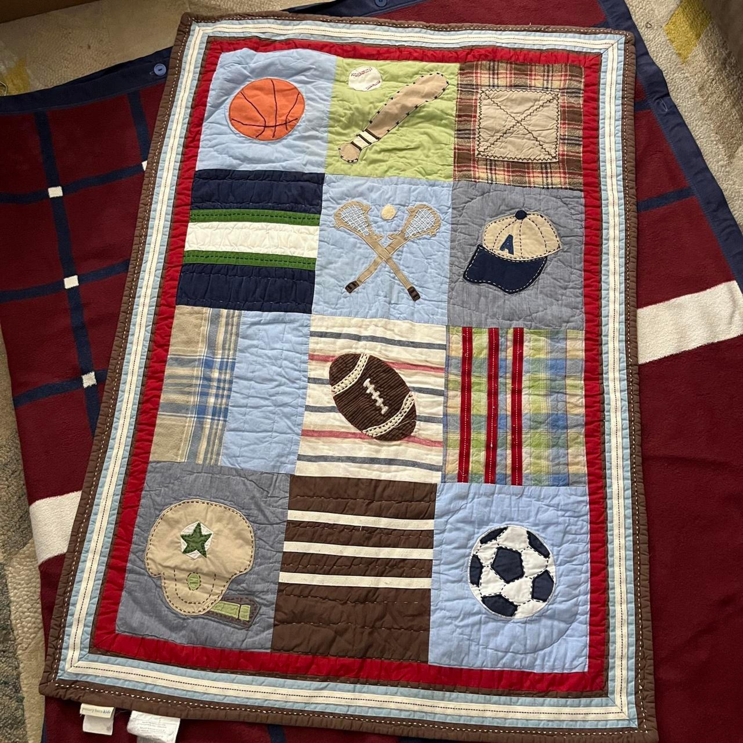 Pottery Barn Kids Patchwork plaid Sports Quilt Blanket Blue reversible football