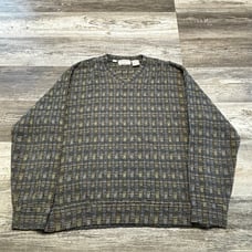 Vintage Jhane Barnes Blue Green Mens L Textured Geometric Woven V-Neck Sweater