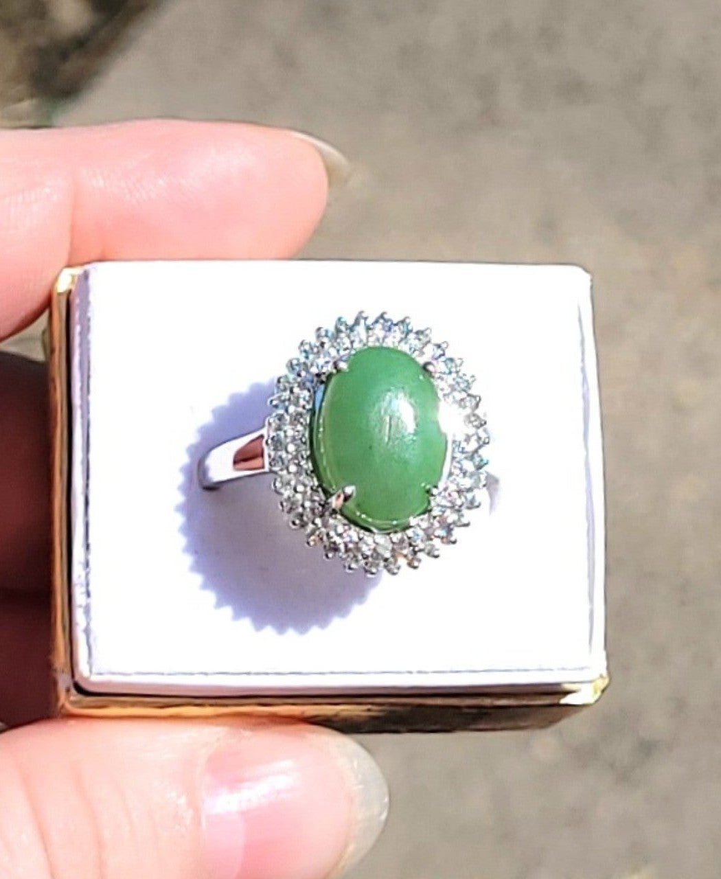 *Nephrite Jade, White Zircon, and Green Sapphire Statement Ring, Size 11*