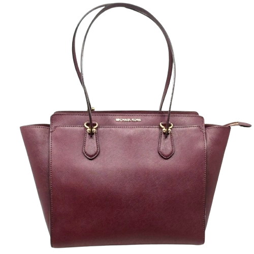 MICHAEL KORS~LARGE BURGUNDY SAFFIANO LEATHER THREE COMPARTMENT SHOULDER TOTE BAG