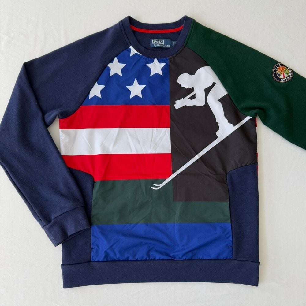 Polo Ralph Lauren Downhill Suicide Skier Sweatshirt Mens Small 1992 Flag Cookie