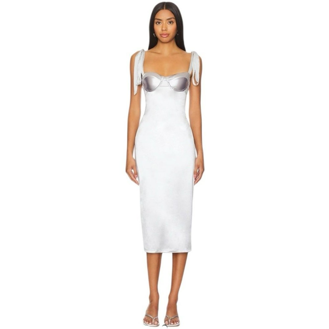 Free People- Casino Got Glam Midi Dress in Silver Elegant White Midi Dress size