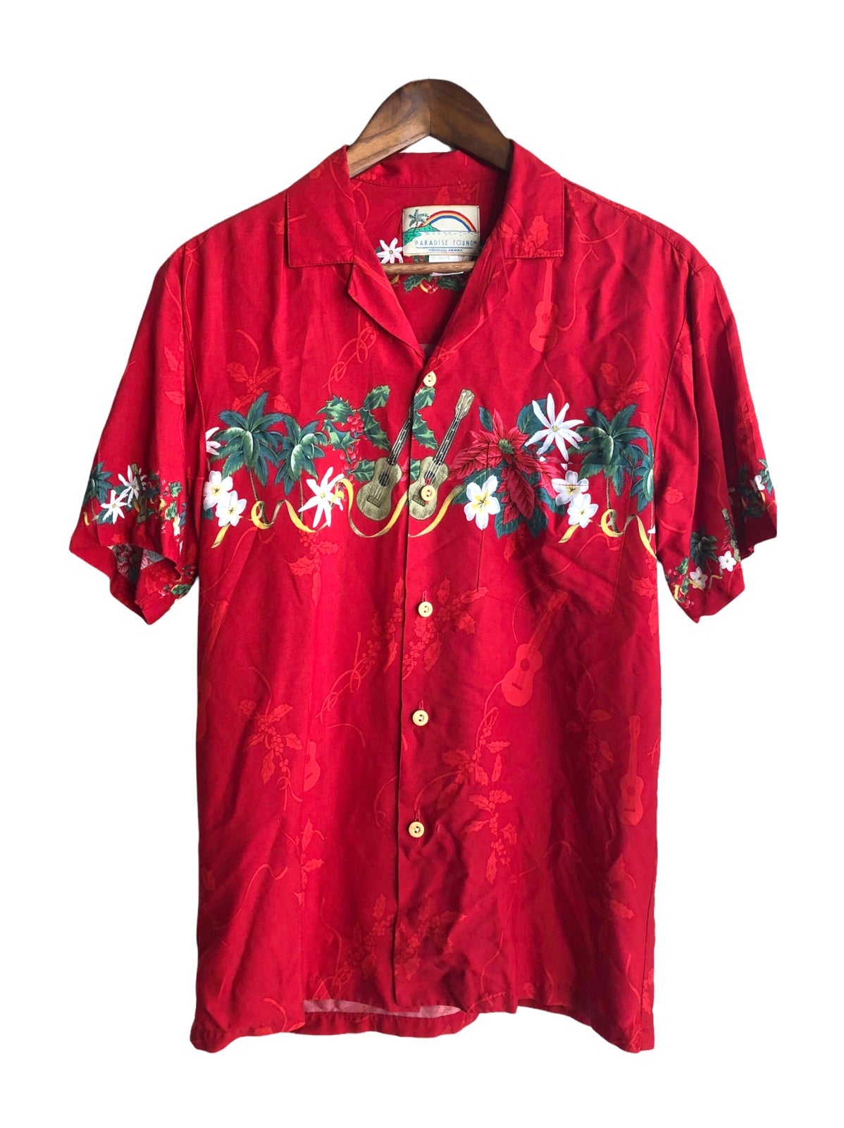 Vintage 80s Paradise Found Red Floral Music Guitar Hawaiian Aloha Shirt Sz Small