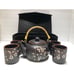 Asian Teapot & Cups Set Bamboo Handle Black w/ White Floral Paint CIB 44T056 5pc
