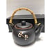 Asian Teapot & Cups Set Bamboo Handle Black w/ White Floral Paint CIB 44T056 5pc
