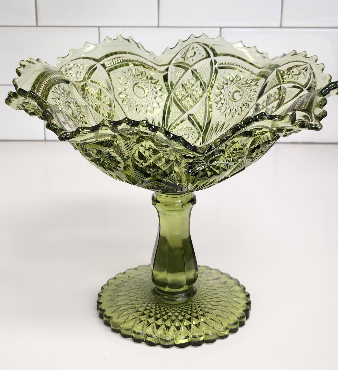 Vintage Imperial Glass Green Hobstar Pedestal Compote