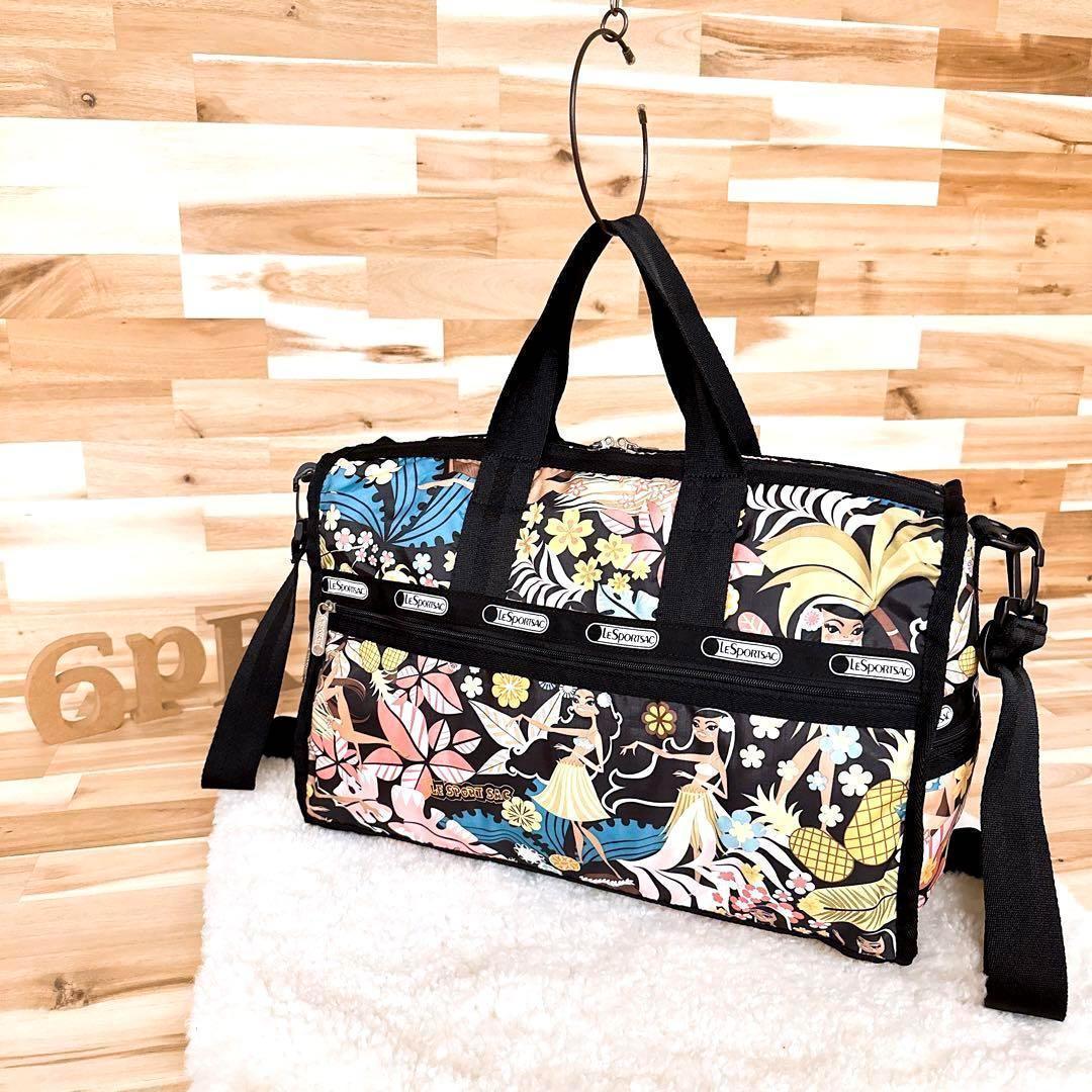 Hawaii Exclusive [LeSportsac] Aloha Hawaiian Wahine Hula Pattern Boston Bag Black