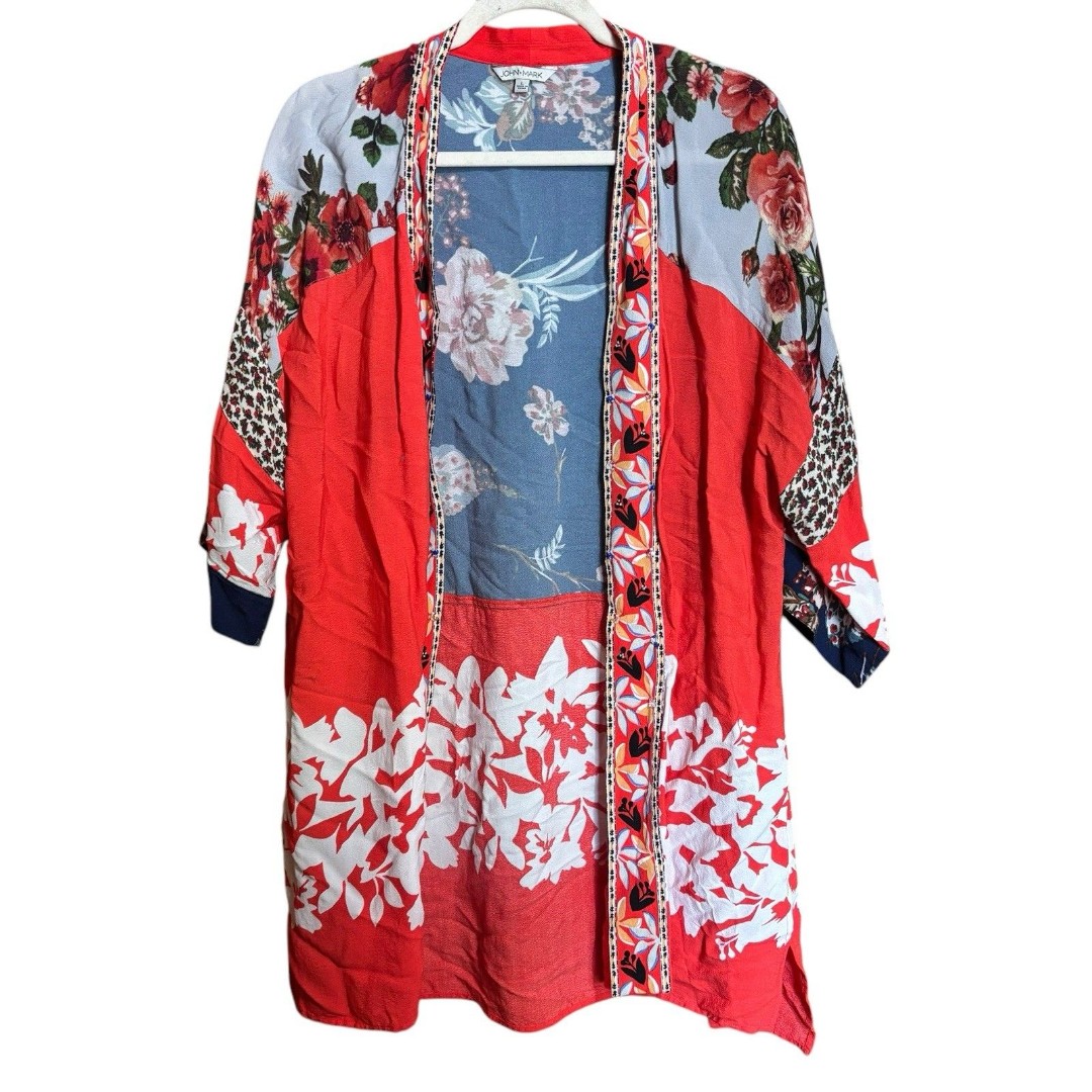 John Mark Duster Kimono Womens Large Multicolor Floral Art To Wear Open Cardigan