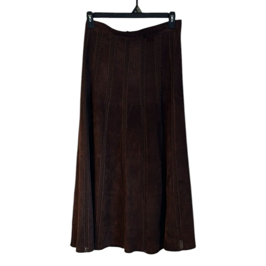 Mark Alan Women’s VTG Dark Brown Crochet Suede Leather A-Line Maxi Skirt Size M