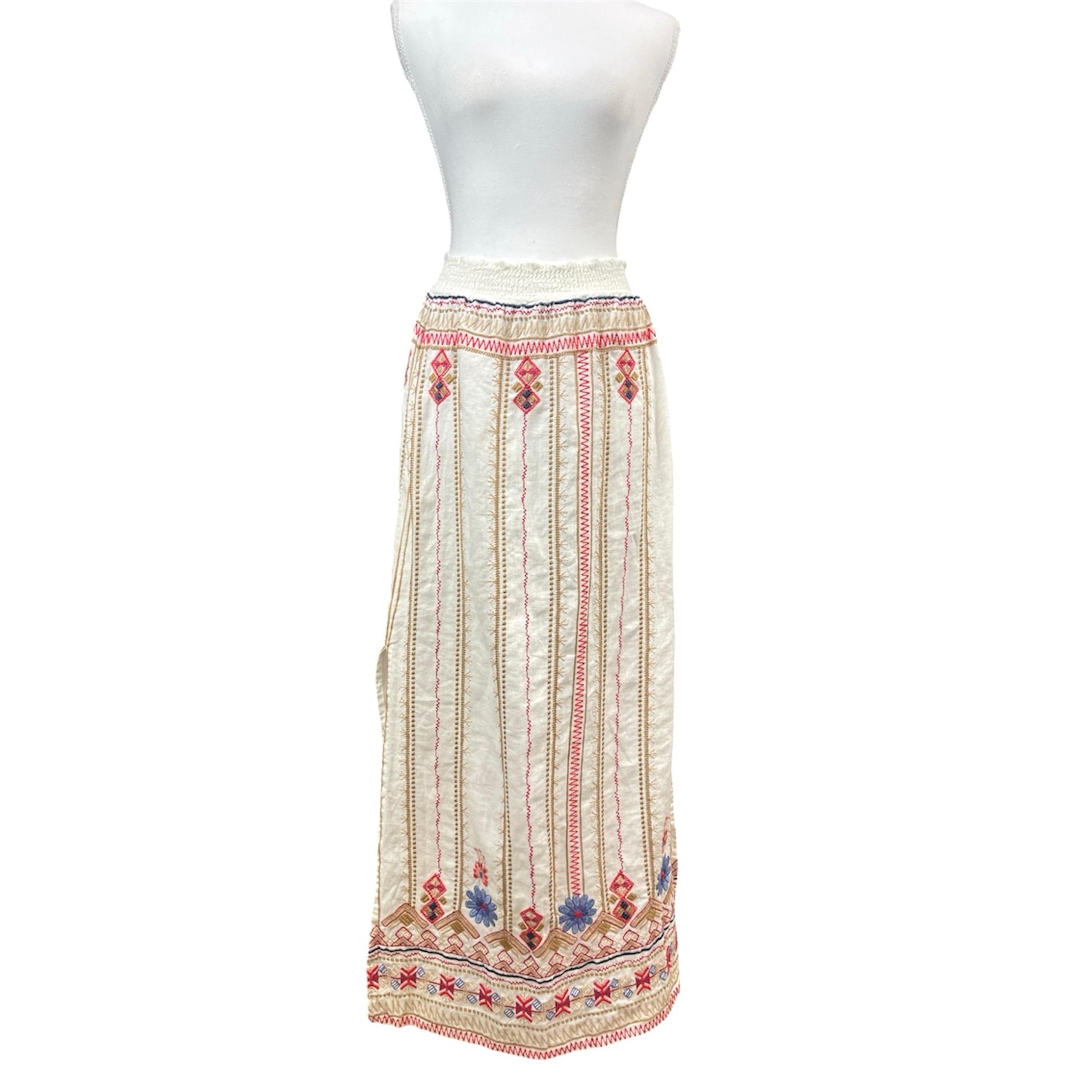 Johnny Was Los Angeles Frederique Embroidered Linen Boho Maxi Skirt XS Festival