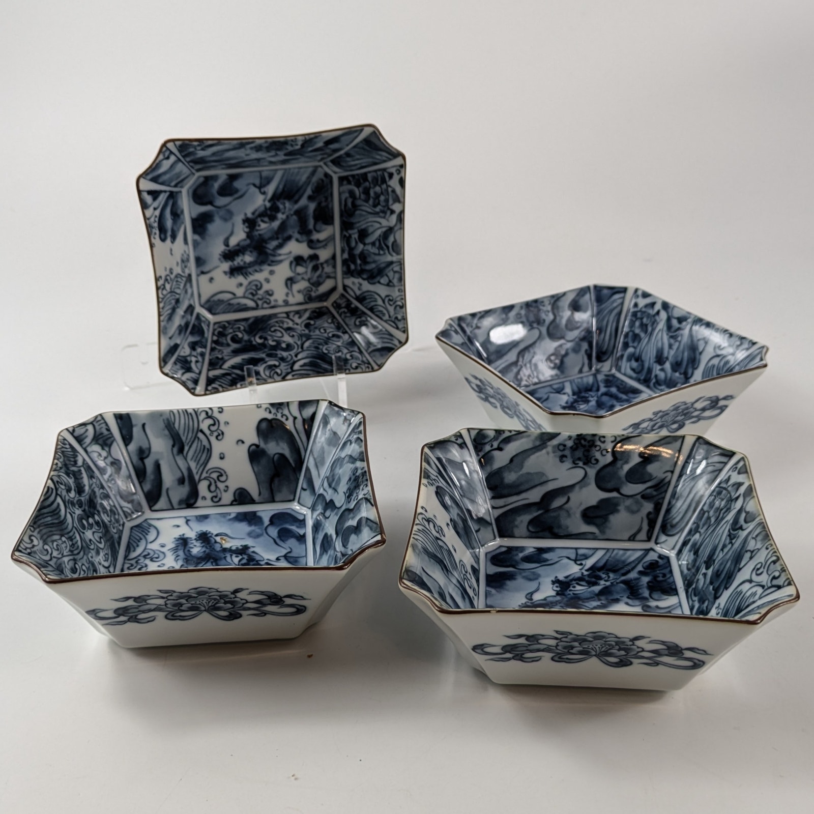Fitz & Floyd Sea Dragon Bowls Lot 4 Chinoiserie Blue White Vtg 70s Fruit Sauce