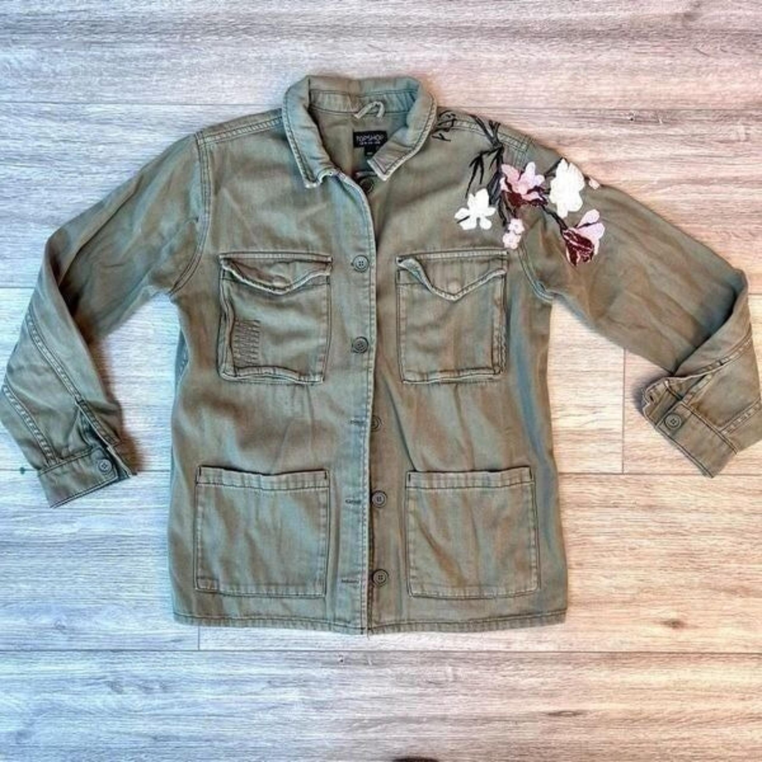 Topshop Women's Army Green Button Front Four Pocket Utility Jacket Size 6