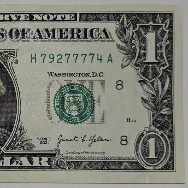 5 OF-A-KIND+4 IN-A-ROW 2021 1 Dollar Bill H79277774A Fancy Serial Number (B342)