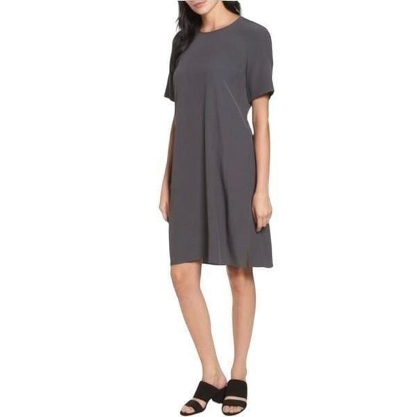 Eileen Fisher Crinkle Crepe Round Neck Short Sleeve Dress Dark Grey Size Medium
