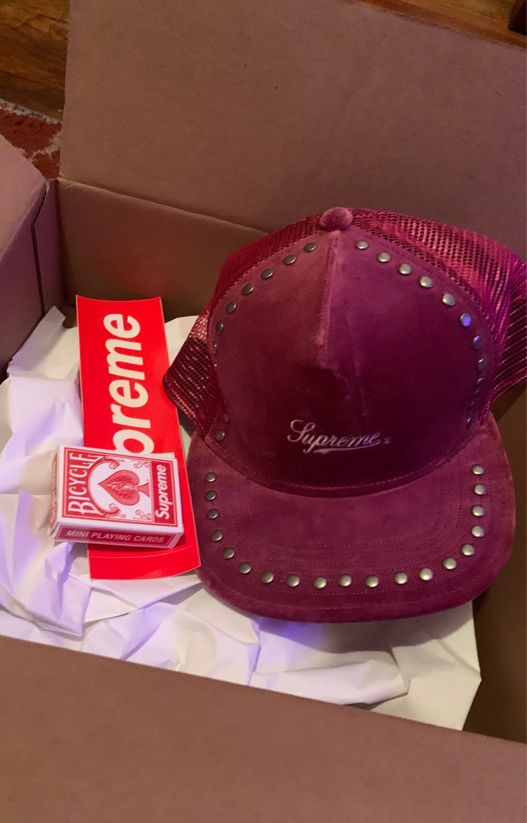 Pink Supreme suede trucker hat