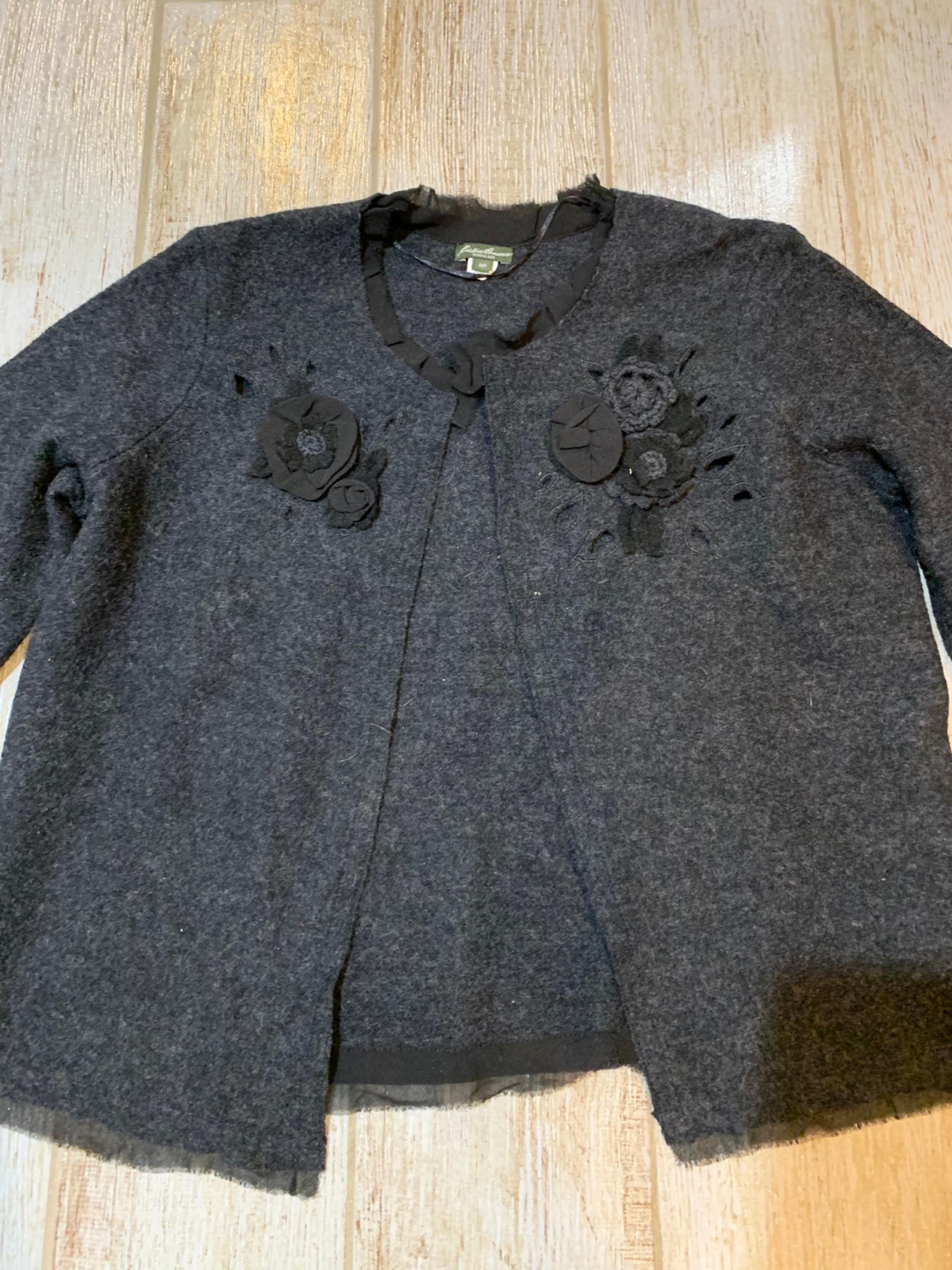 EDDIE BAUER M Petite charcoal gray open front Embellished floral wool cardigan