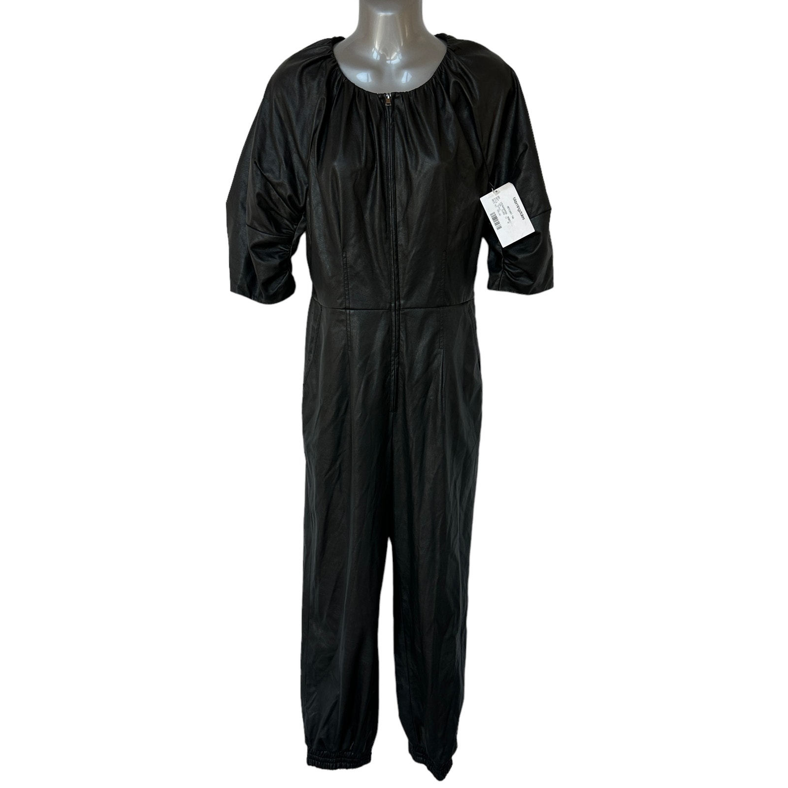 Rebecca Taylor Jumpsuit Black Faux Leather Zip Front Ruched Women's Size Small