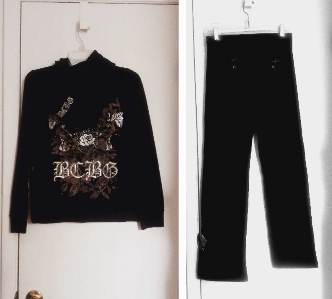 BCBG Maxazria Black Rose Design Hoodie & Pants Tracksuit Sz L