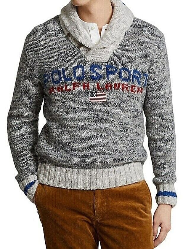 Polo Ralph Lauren NWT! Sport Usa Flag Wool Embroidered Grey Shawl Collar Sweater