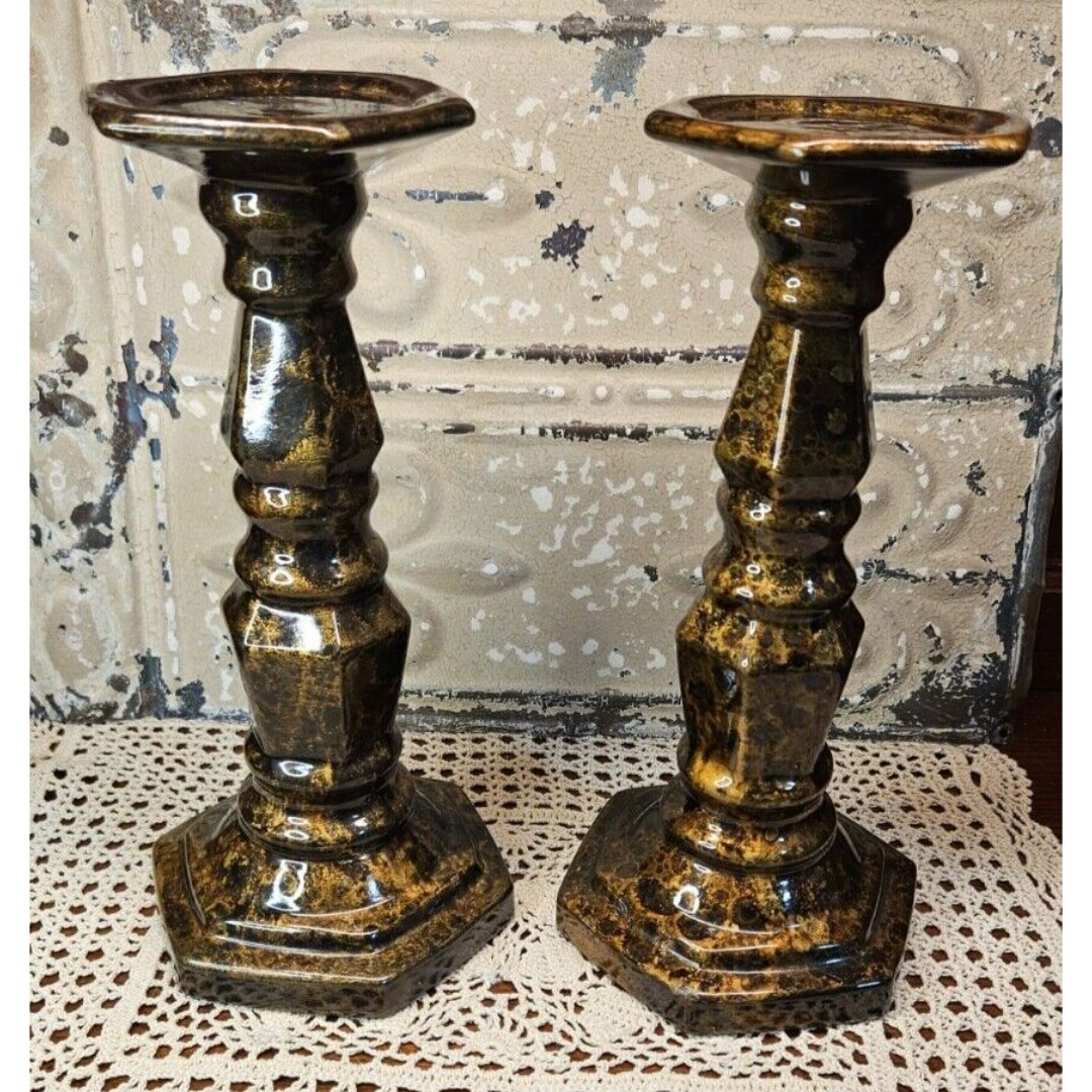 Pair of Ceramic Pillar Candle Holders Totoiseshell Pattern
