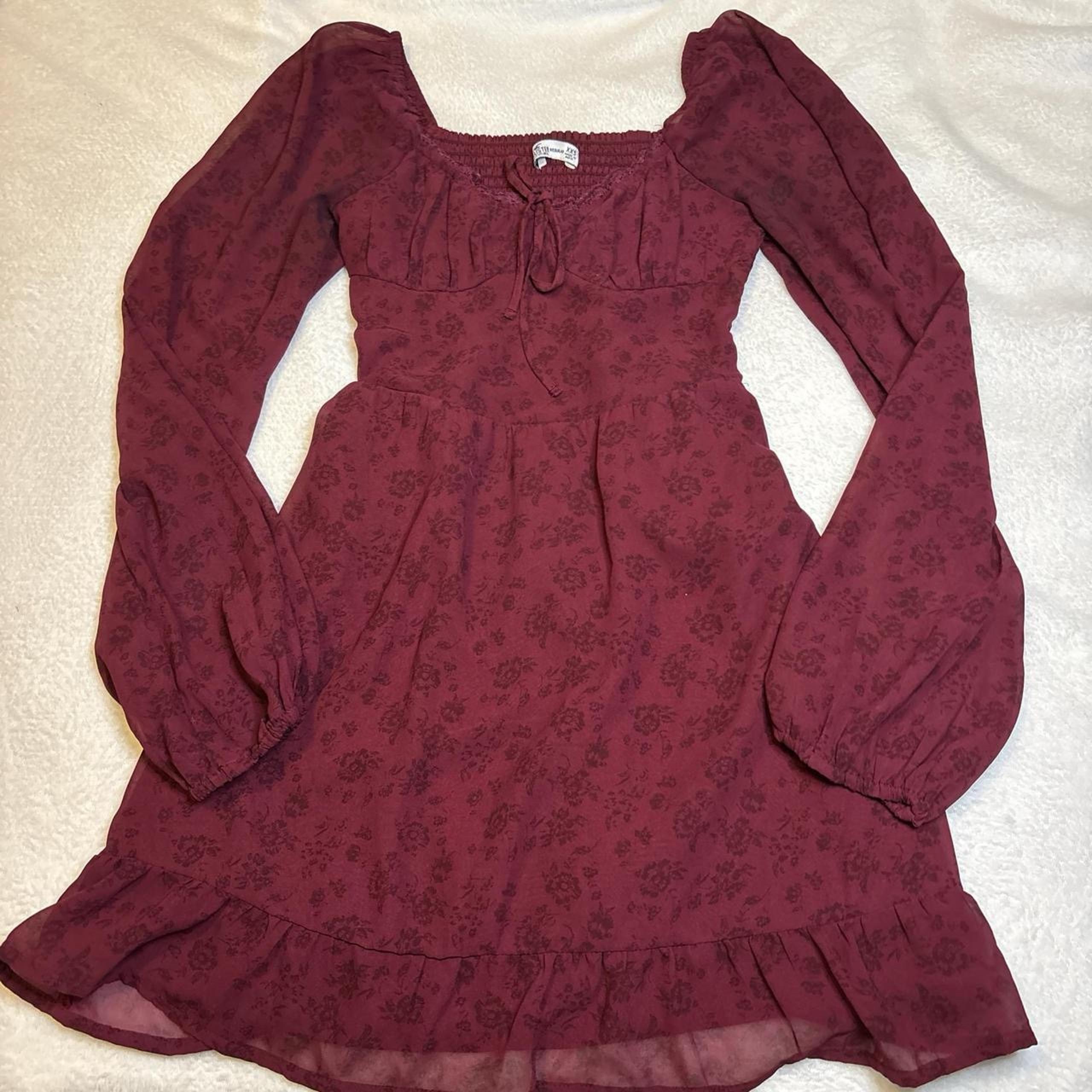hollister burgundy mini babydoll dress with off the shoulder detail