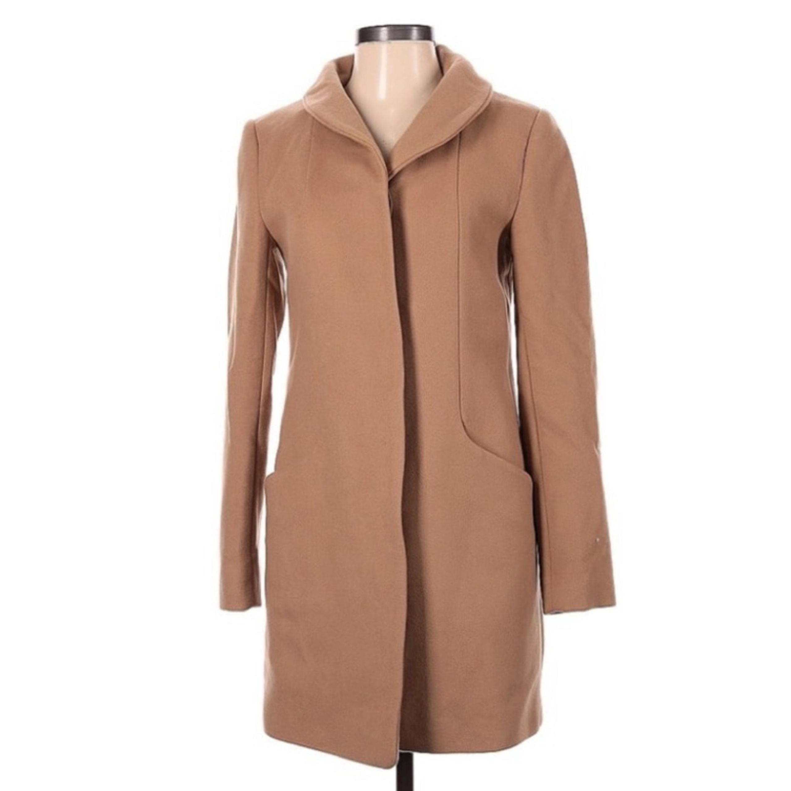 Covington Cocoon Long Tan Brown Pea Coat Tweed Zip-up Jacket Pockets Medium EUC