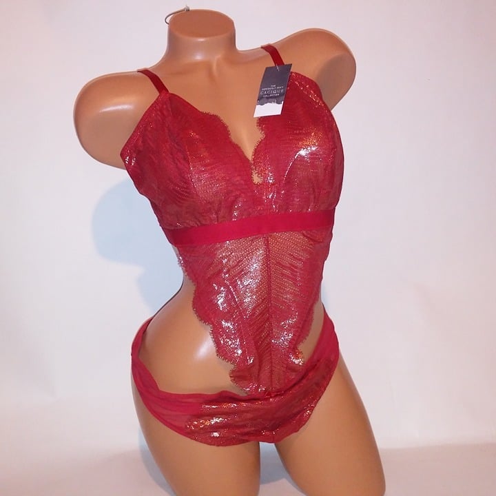 Cacique Lingerie Bodysuit Teddy One Piece Red Metallic Shimmer Lace Sheer 18/20
