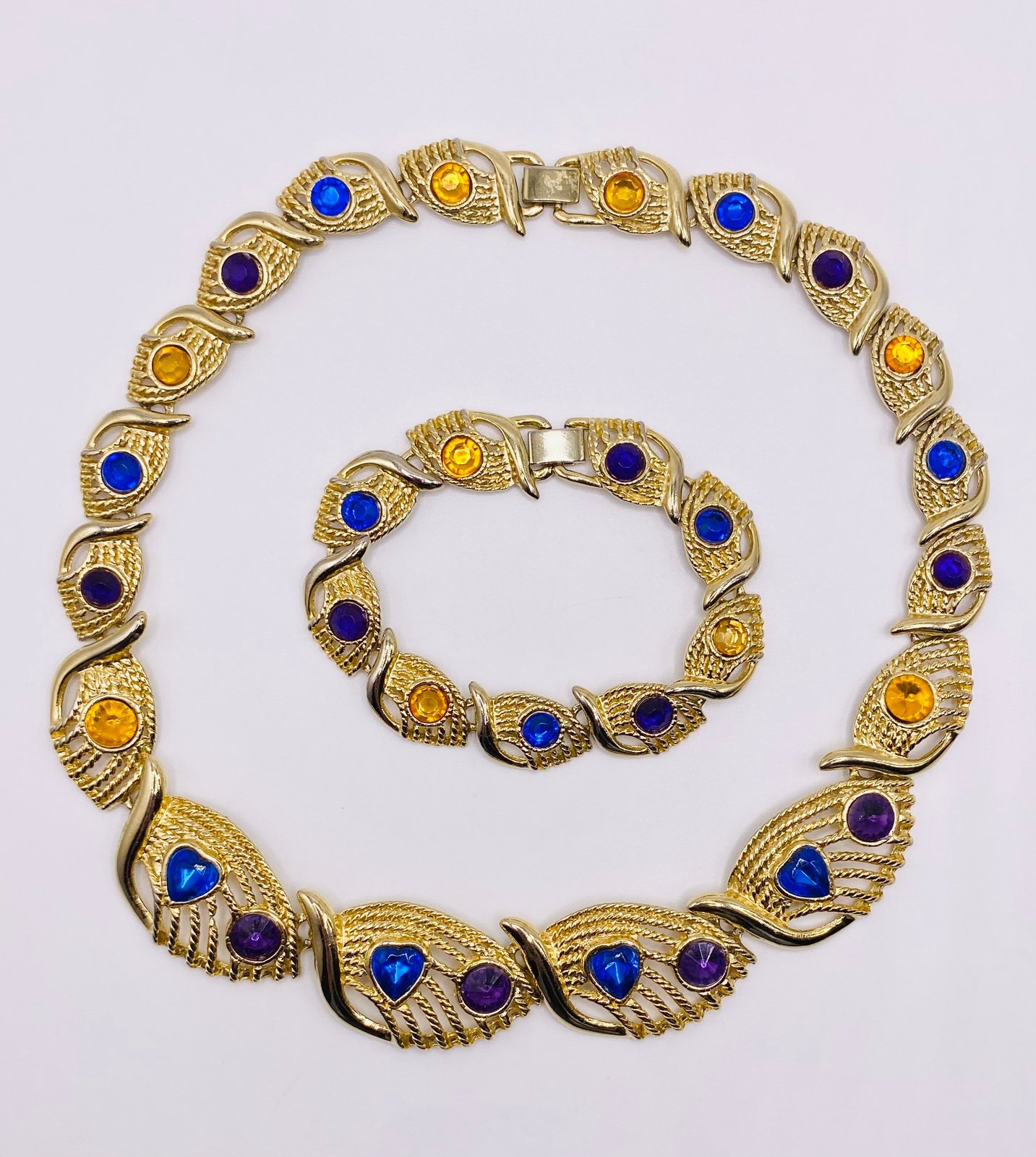 Chunky Glam Gold Tone Blue Purple & Yellow Rhinestone Necklace & Bracelet Set