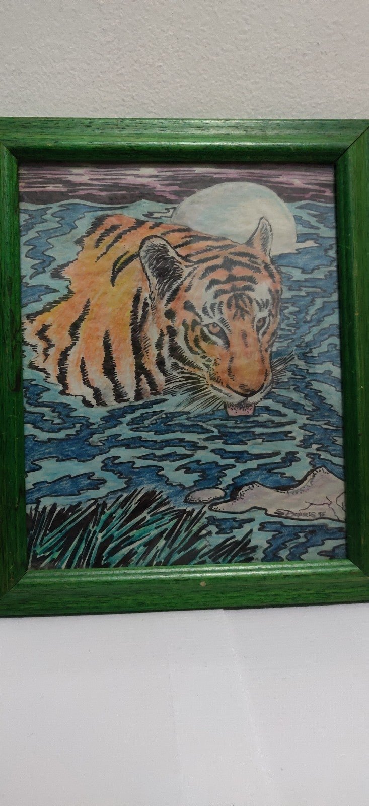 Painted green wood framed artist signed SBorris ocean tiger moon hand painting