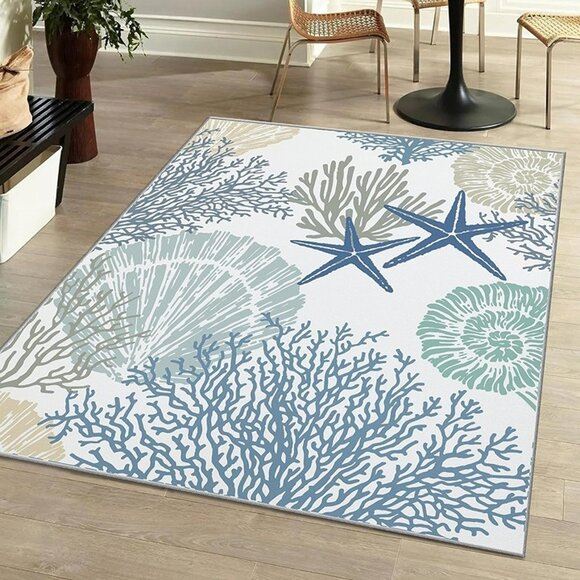 NEW Coastal Area Rugs Nautical Beach Themed Non-Slip Machine Washable Rugs 4x6,