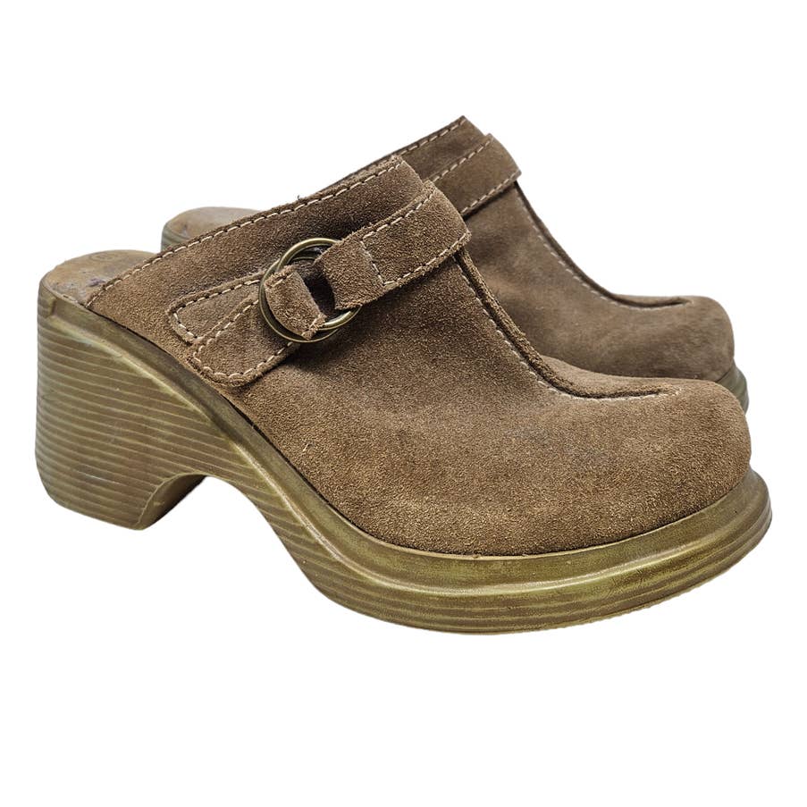 Vintage Y2K Lower East Side 8.5 Brown Suede Chunky Clog Mule Grunge Boho Leather