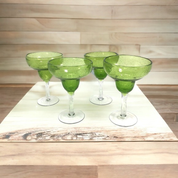 Crate & Barrel Margarita Glasses Mexican Hand Blown Bubbles Set 4