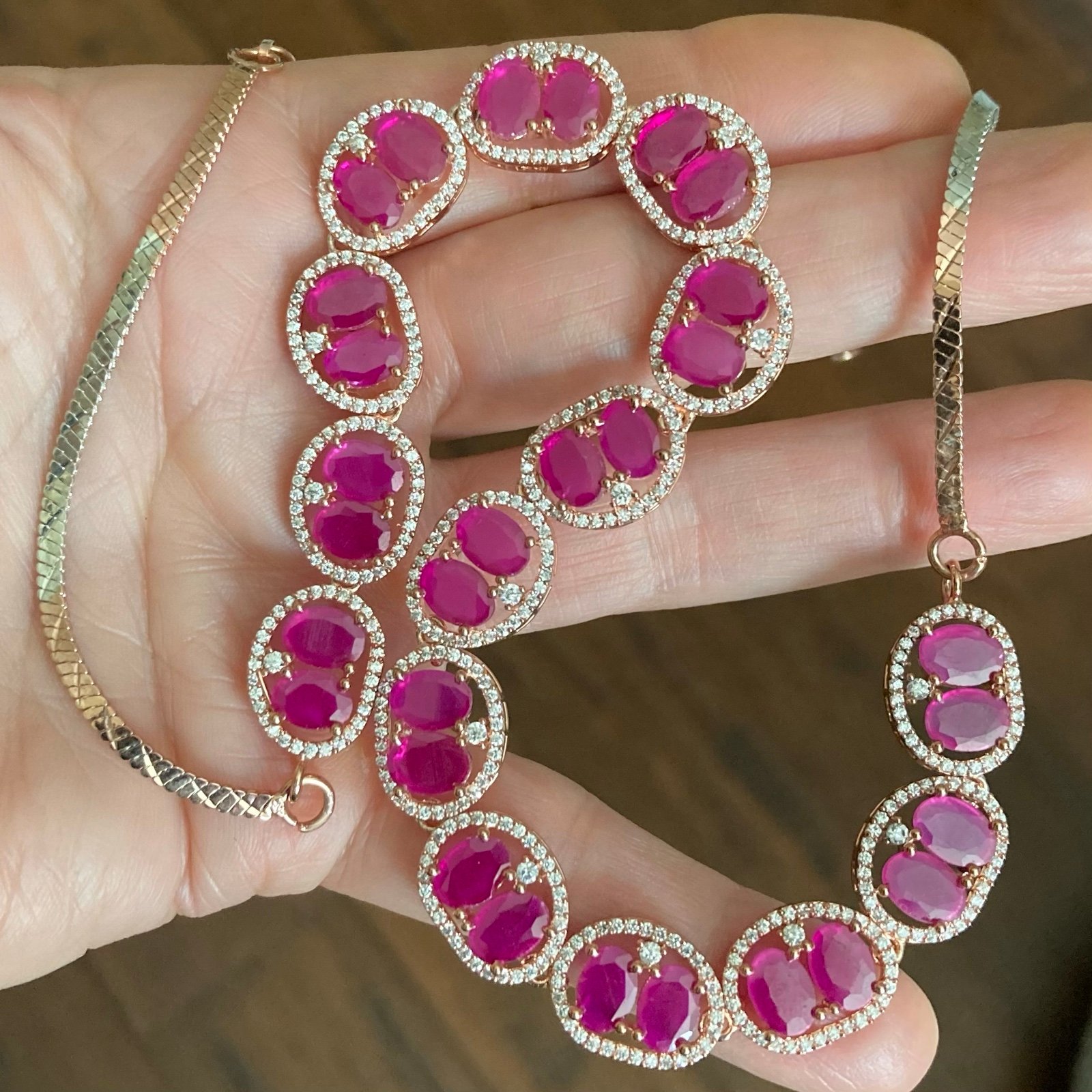 32 CT Natural Ruby and CZ Diamonds Rose Gold Finish Necklace 18 - Made in India