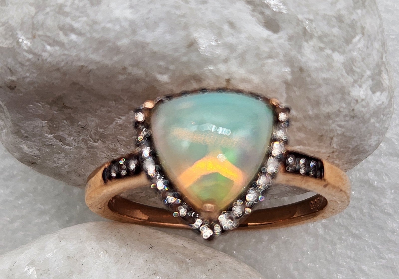 Ethiopian Welo Opal, Zircon. Ring.