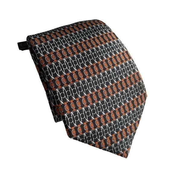 Hermes 100% Silk Tie 727 FA Made In France Brown Black Belts & H Links