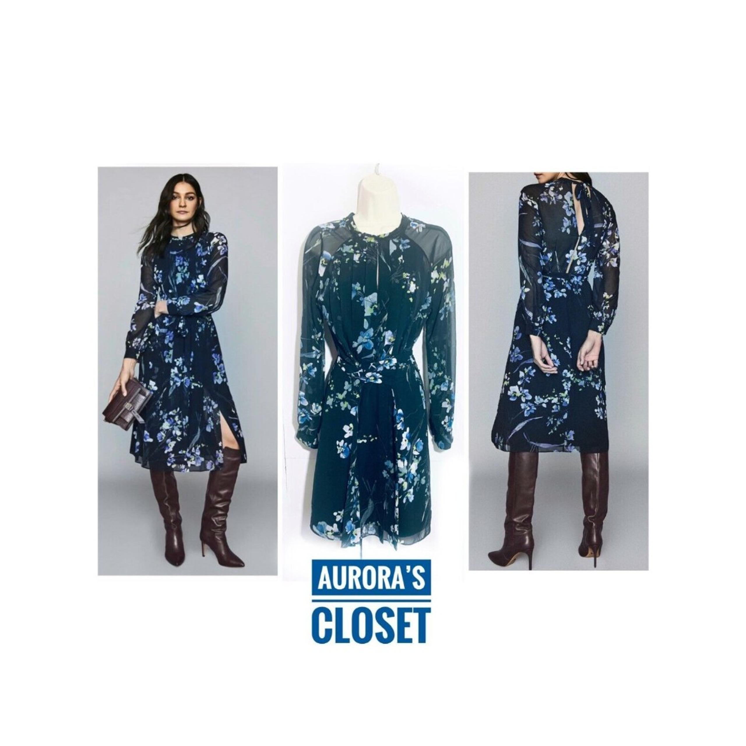 Reiss 2 Blue Floral Dress Hetty Midi Long Sleeves Violets Sheer Back Keyhole