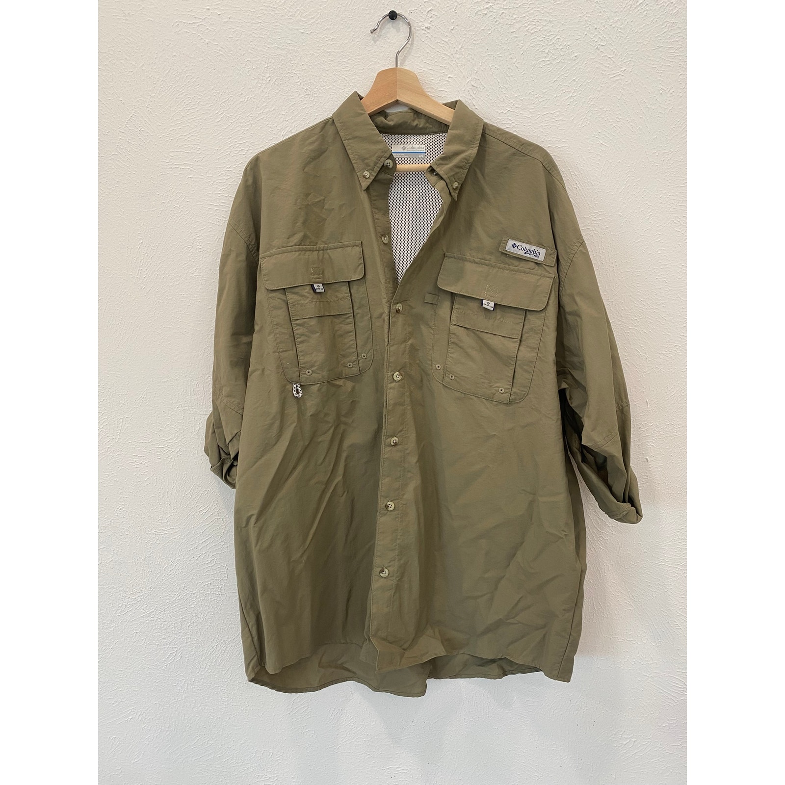 Columbia PFG Omni Shade Long Sleeve Lightweight Olive Green Shirt Men's Sz Large