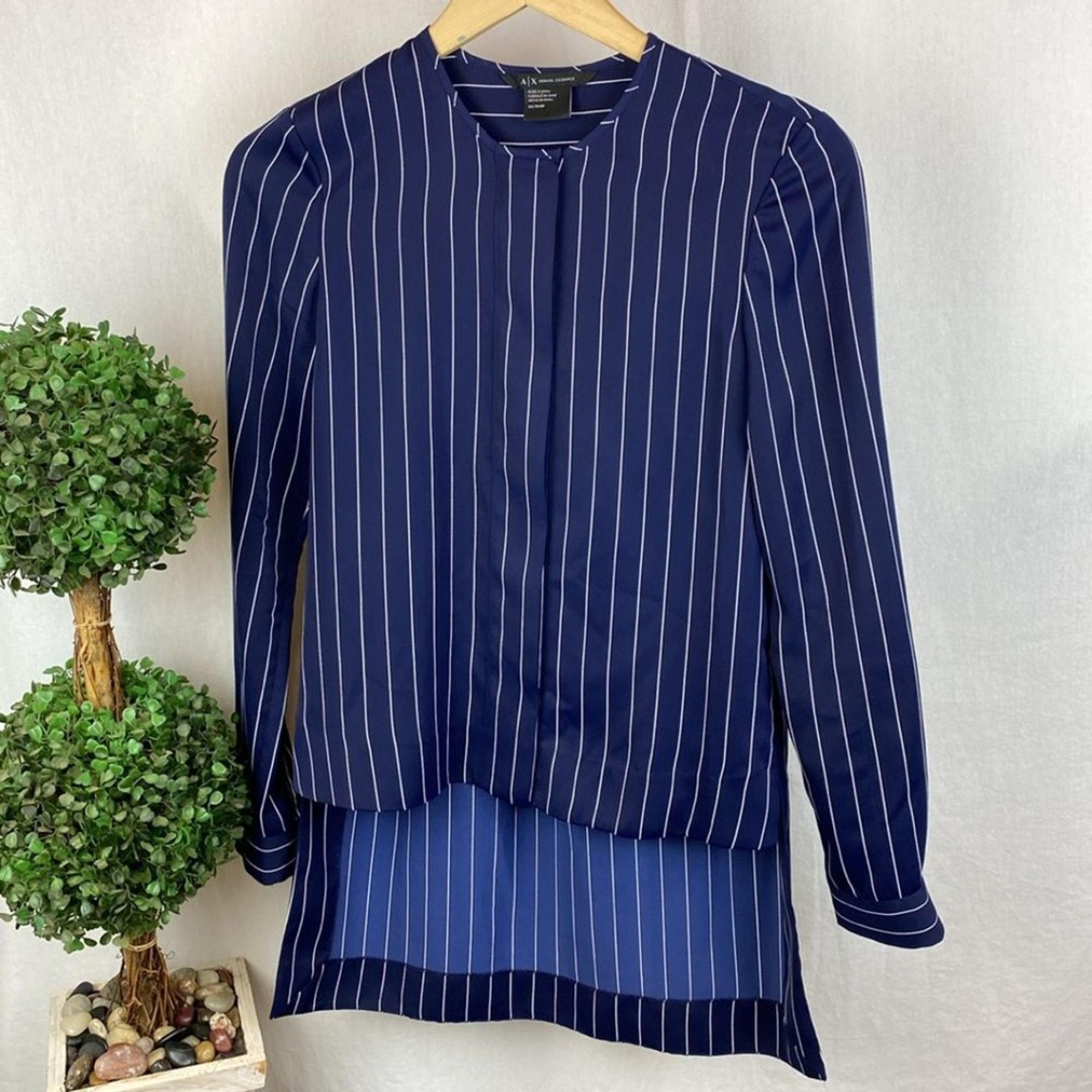 Armani Exchange Blue & White Pinstriped Long Sleeve Collarless Blouse XS