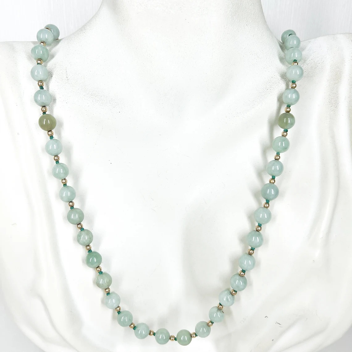 Pale Green Jade & 14k Yellow Gold Beaded Necklace - Jadeite