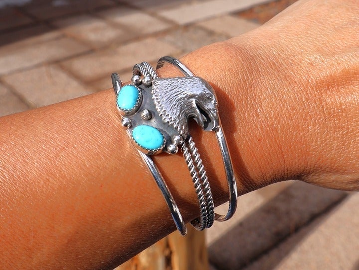 Navajo Turquoise Bracelet Signed Gishal Sterling Silver Jewelry Women's sz 6.5**