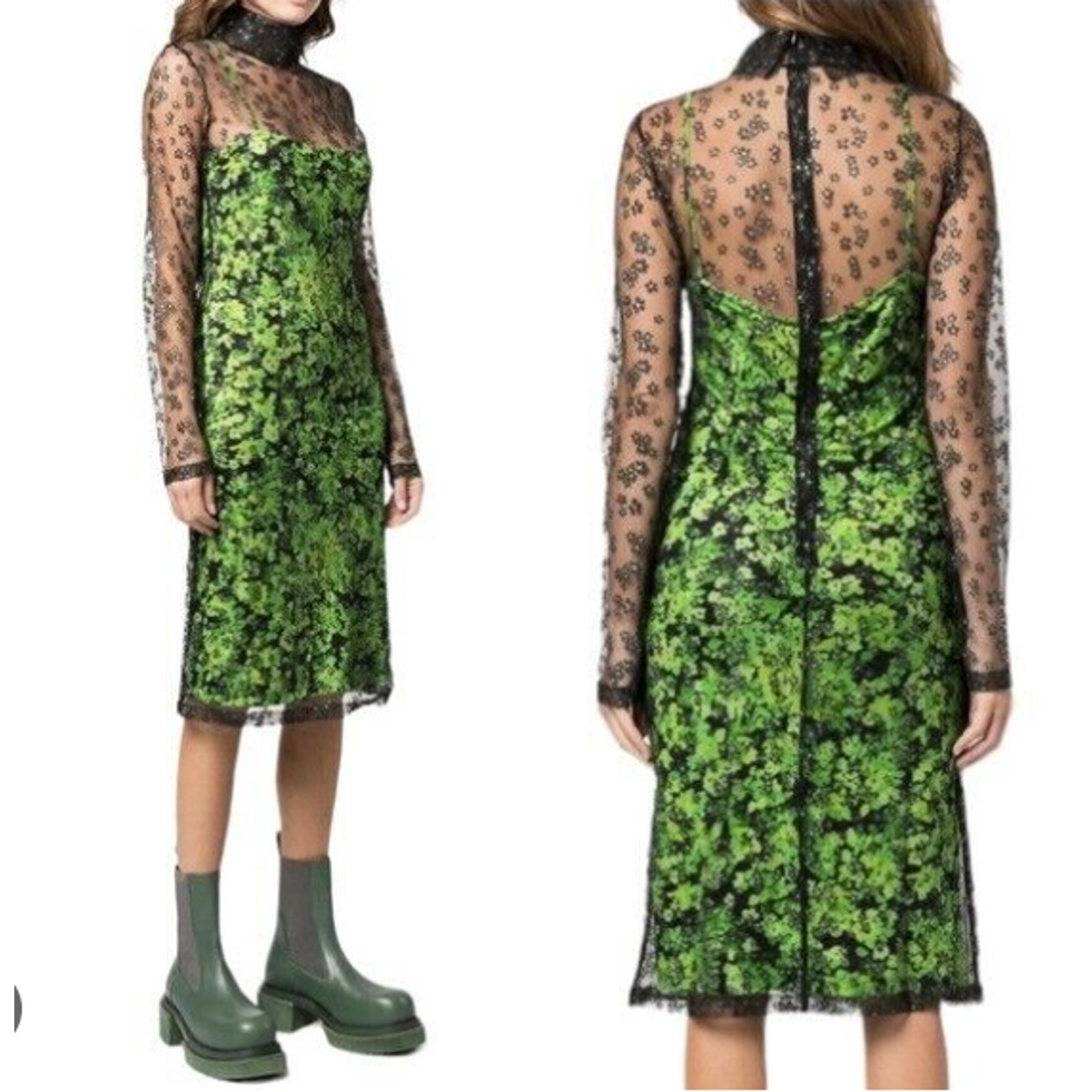 NWT Stine Goya Ibi Floral Mesh Overlay Midi Dress Size XS Green Black #2G421